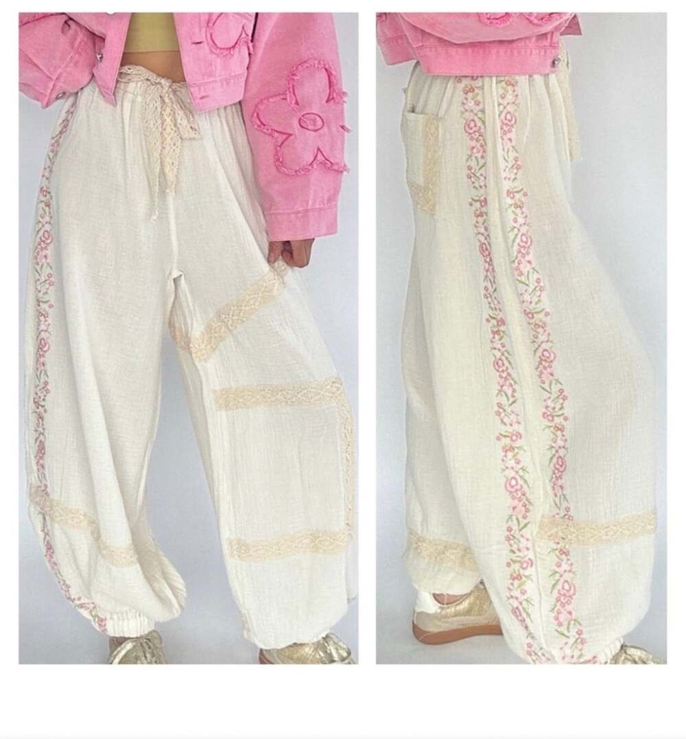 POL Floral Drift Embroidered Lace Cotton Gauze Boho Pants M